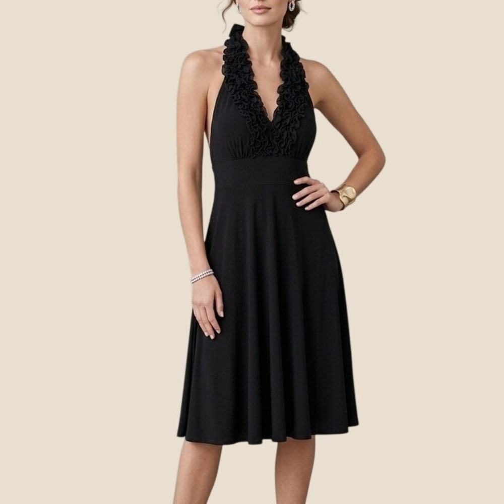Collection dressbarn Halter Dress Womens 12 Black Excellent Ruffle Neck Cocktail